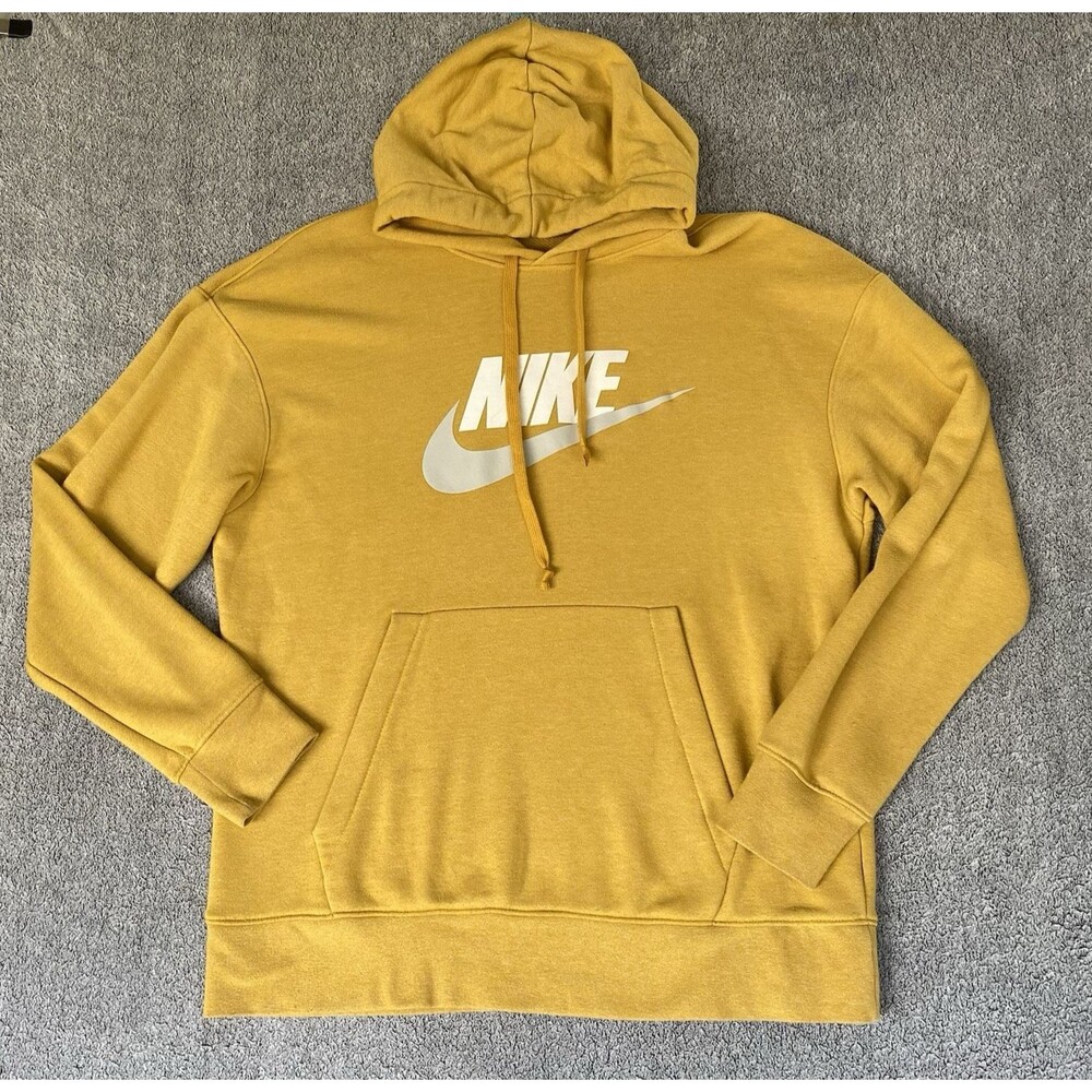 Nike Sportswear Men's Hoodie Sweatshirt Yellow Fleece Terry Cloth Lined Size L